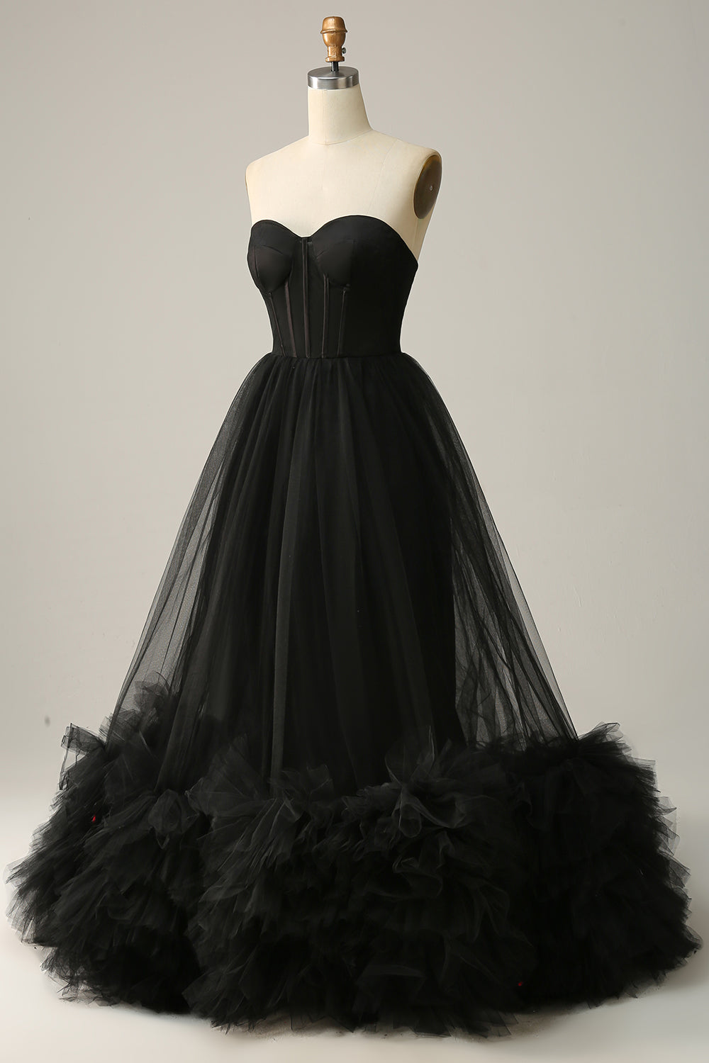 A Line Sweetheart Black Corset Ball Dress with Ruffled