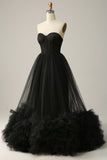 A Line Sweetheart Black Corset Ball Dress with Ruffled