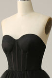 A Line Sweetheart Black Corset Ball Dress with Ruffled