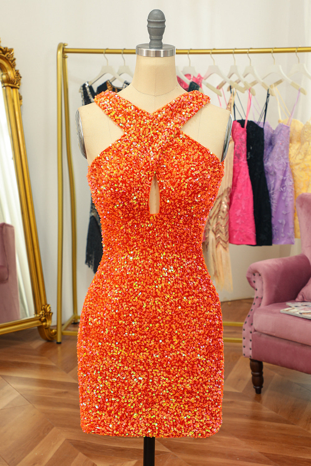 Glitter Orange Halter Backless Sequins Tight Cocktail Dress