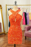 Glitter Orange Halter Backless Sequins Tight Cocktail Dress