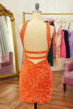 Glitter Orange Halter Backless Sequins Tight Cocktail Dress