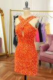 Glitter Orange Halter Backless Sequins Tight Cocktail Dress