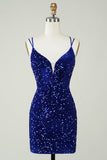 Sheath Royal Blue Sequins Short Cocktail Dress with Criss Cross Back