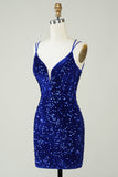 Sheath Royal Blue Sequins Short Cocktail Dress with Criss Cross Back