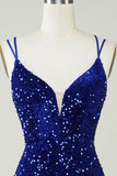 Sheath Royal Blue Sequins Short Cocktail Dress with Criss Cross Back