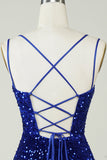 Sheath Royal Blue Sequins Short Cocktail Dress with Criss Cross Back