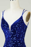 Sheath Royal Blue Sequins Short Cocktail Dress with Criss Cross Back