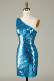 Glitter Royal Blue One Shoulder Sequins Tight Short Ball Dress