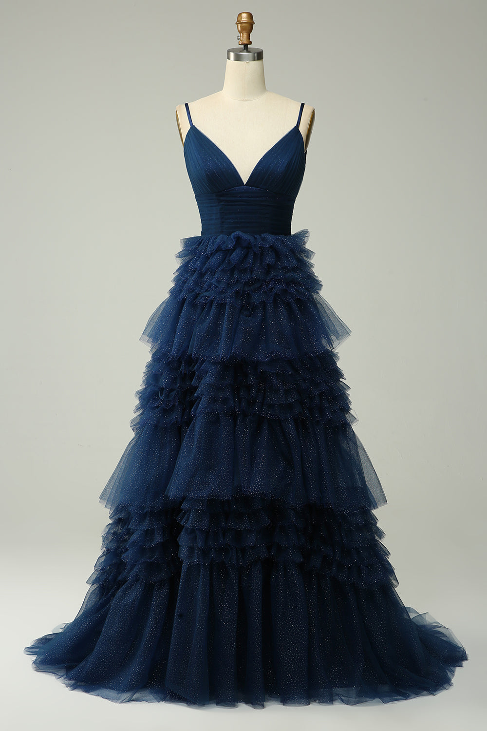 A Line Spaghetti Straps Navy Long Ball Dress with Ruffles
