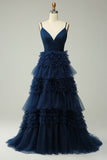 A Line Spaghetti Straps Navy Long Ball Dress with Ruffles