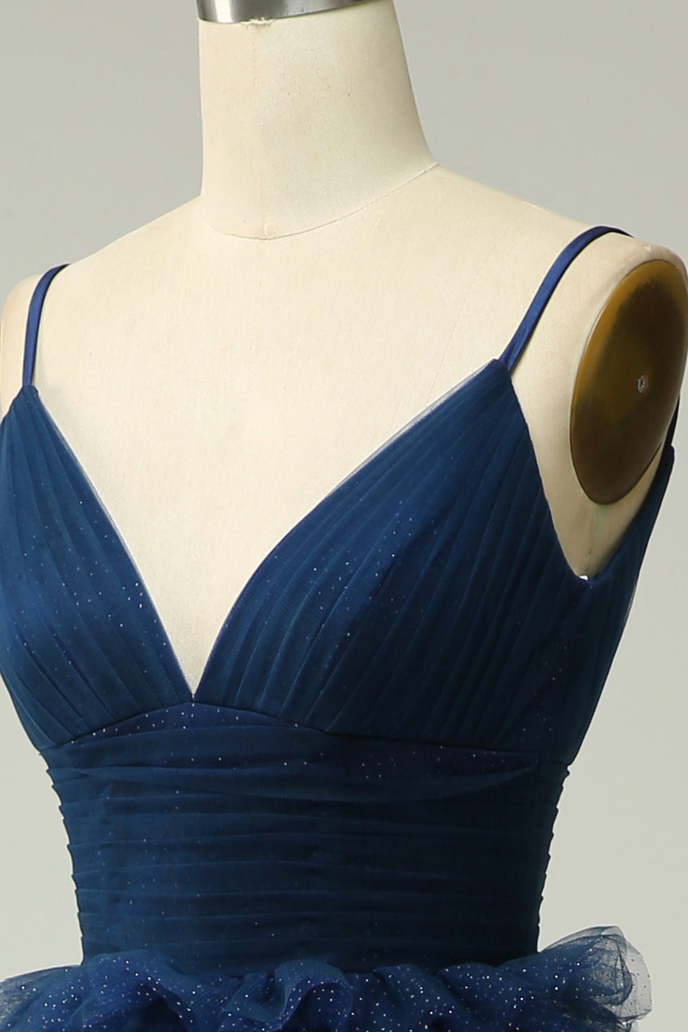 A Line Spaghetti Straps Navy Long Ball Dress with Ruffles
