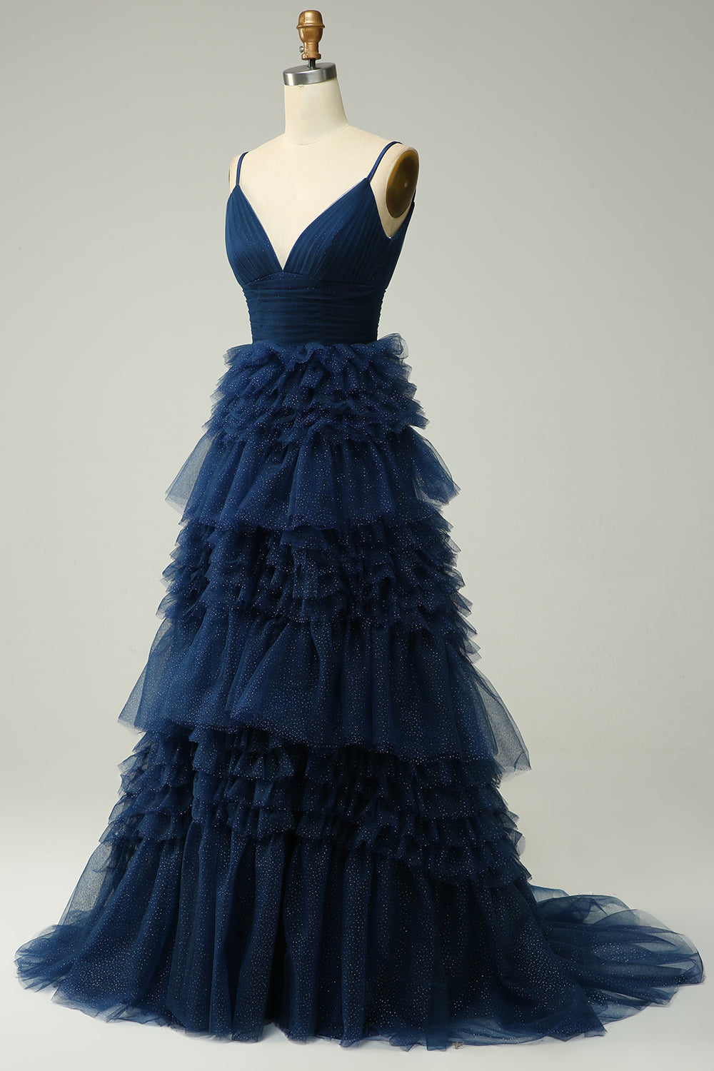 A Line Spaghetti Straps Navy Long Ball Dress with Ruffles