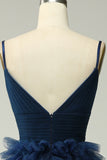 A Line Spaghetti Straps Navy Long Ball Dress with Ruffles