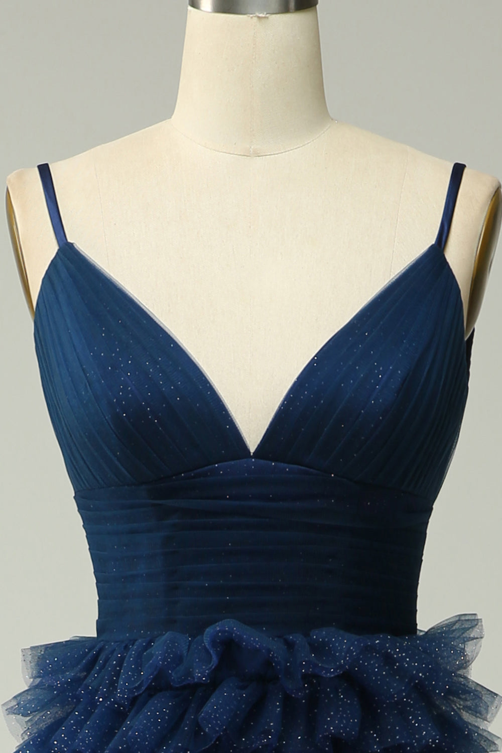 A Line Spaghetti Straps Navy Long Ball Dress with Ruffles