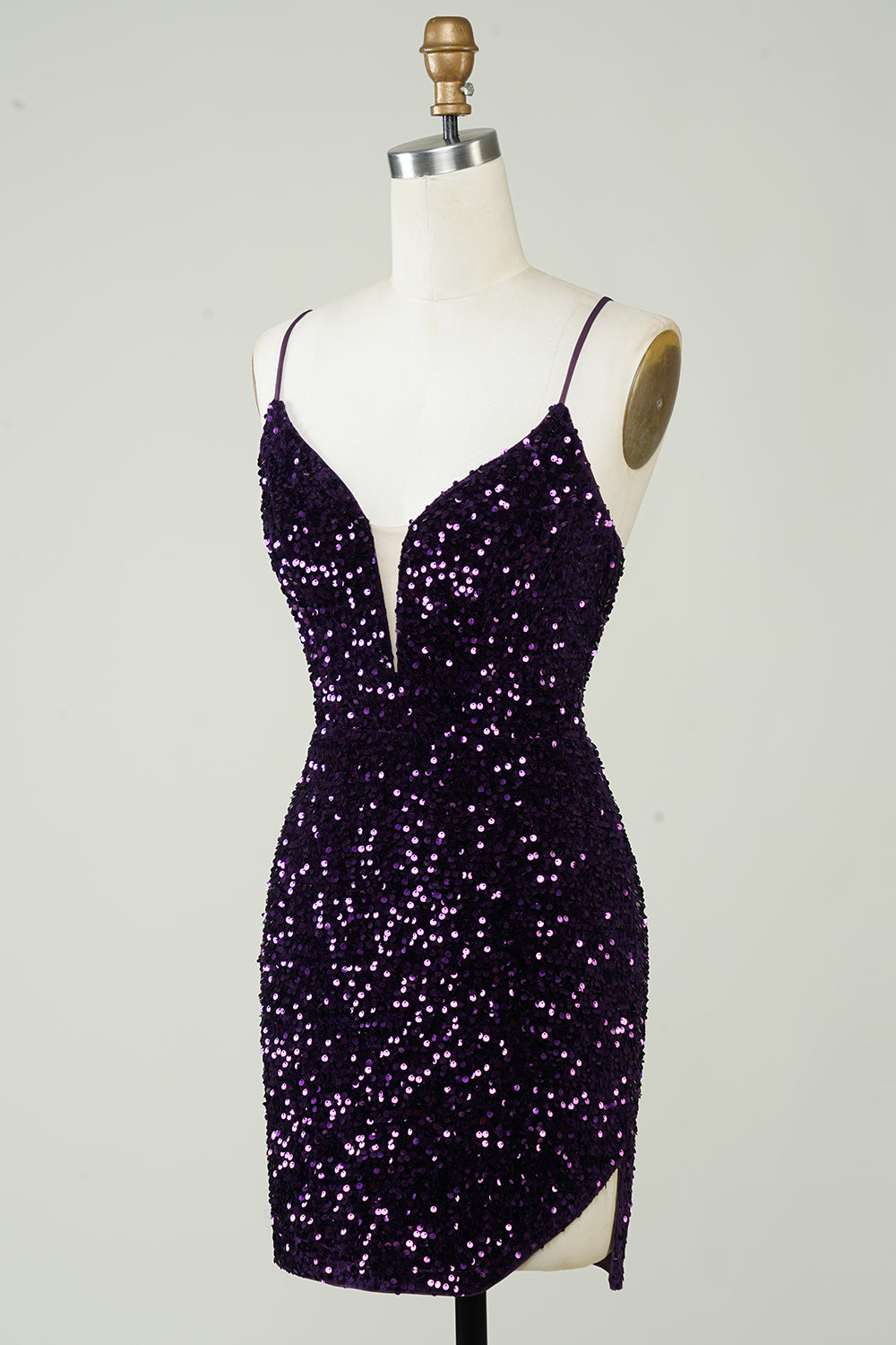 Sparkly Purple Sequins Backless Tight Short Cocktail Dress with Slit