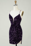 Sparkly Purple Sequins Backless Tight Short Cocktail Dress with Slit