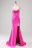 Stunning Mermaid Spaghetti Straps Fuchsia Corset Ball Dress with Split Front