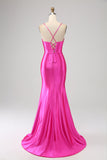 Stunning Red Mermaid Spaghetti Straps Corset Ball Dress with Split Front