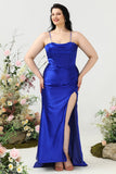 Sheath Spaghetti Straps Royal Blue Plus Size Ball Dress with Split Front