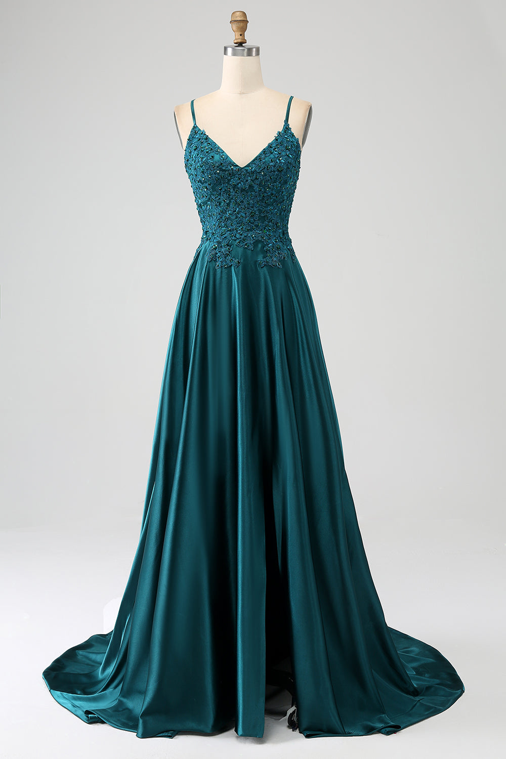 Peacock Green A-Line Spaghetti Straps Long Ball Dress with Slit