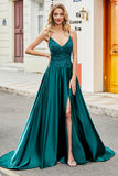 Trendy A Line Spaghetti Straps Peacock Green Long Ball Dress with Appliques