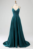 Peacock Green A-Line Spaghetti Straps Long Ball Dress with Slit