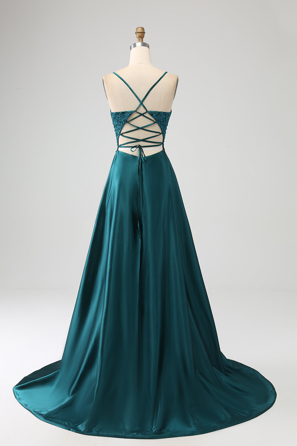 Peacock Green A-Line Spaghetti Straps Long Ball Dress with Slit