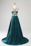 Peacock Green A-Line Spaghetti Straps Long Ball Dress with Slit