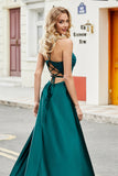 Trendy A Line Spaghetti Straps Peacock Green Long Ball Dress with Appliques