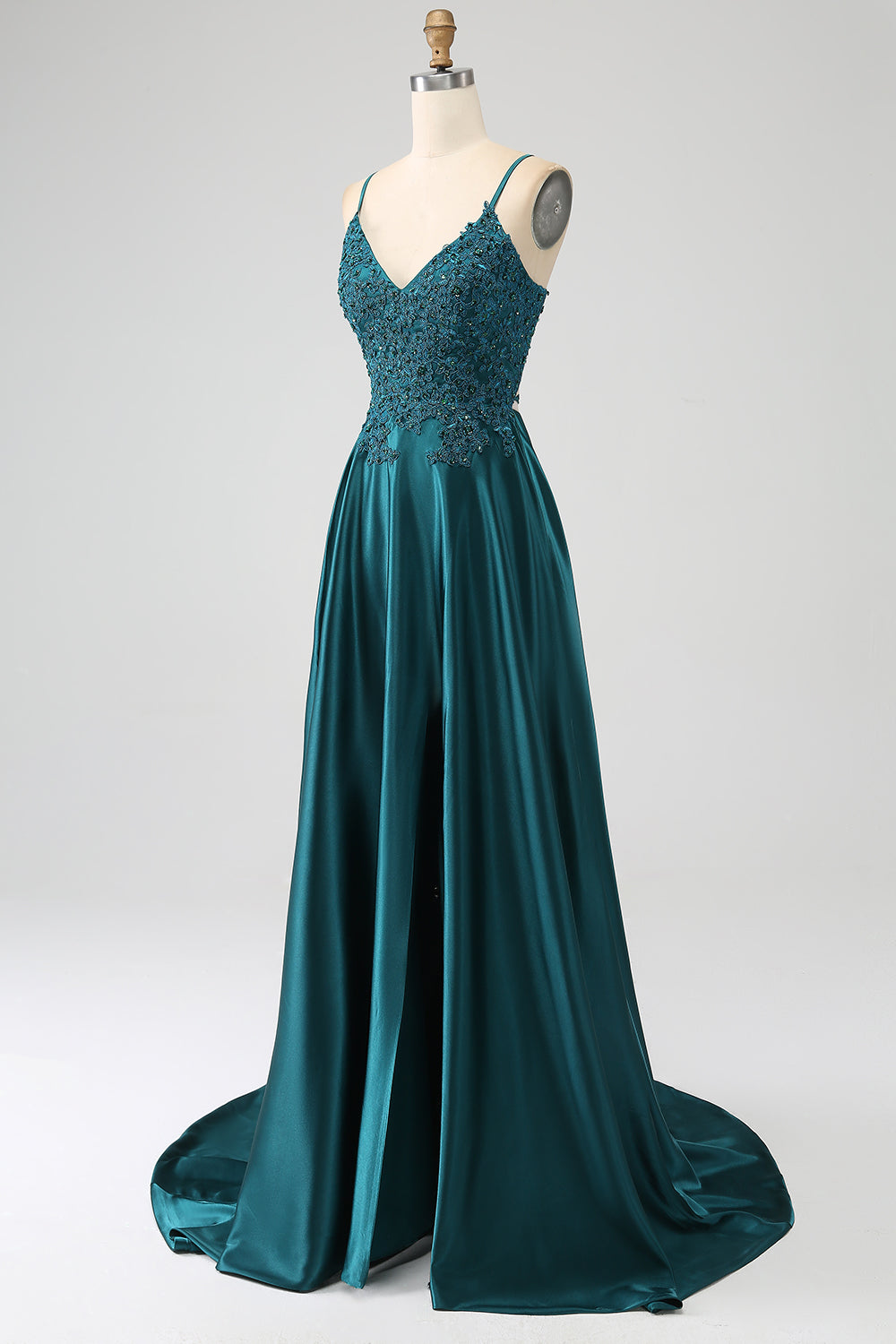 Peacock Green A-Line Spaghetti Straps Long Ball Dress with Slit
