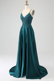 Peacock Green A-Line Spaghetti Straps Long Ball Dress with Slit