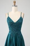 Peacock Green A-Line Spaghetti Straps Long Ball Dress with Slit