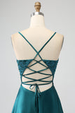Peacock Green A-Line Spaghetti Straps Long Ball Dress with Slit