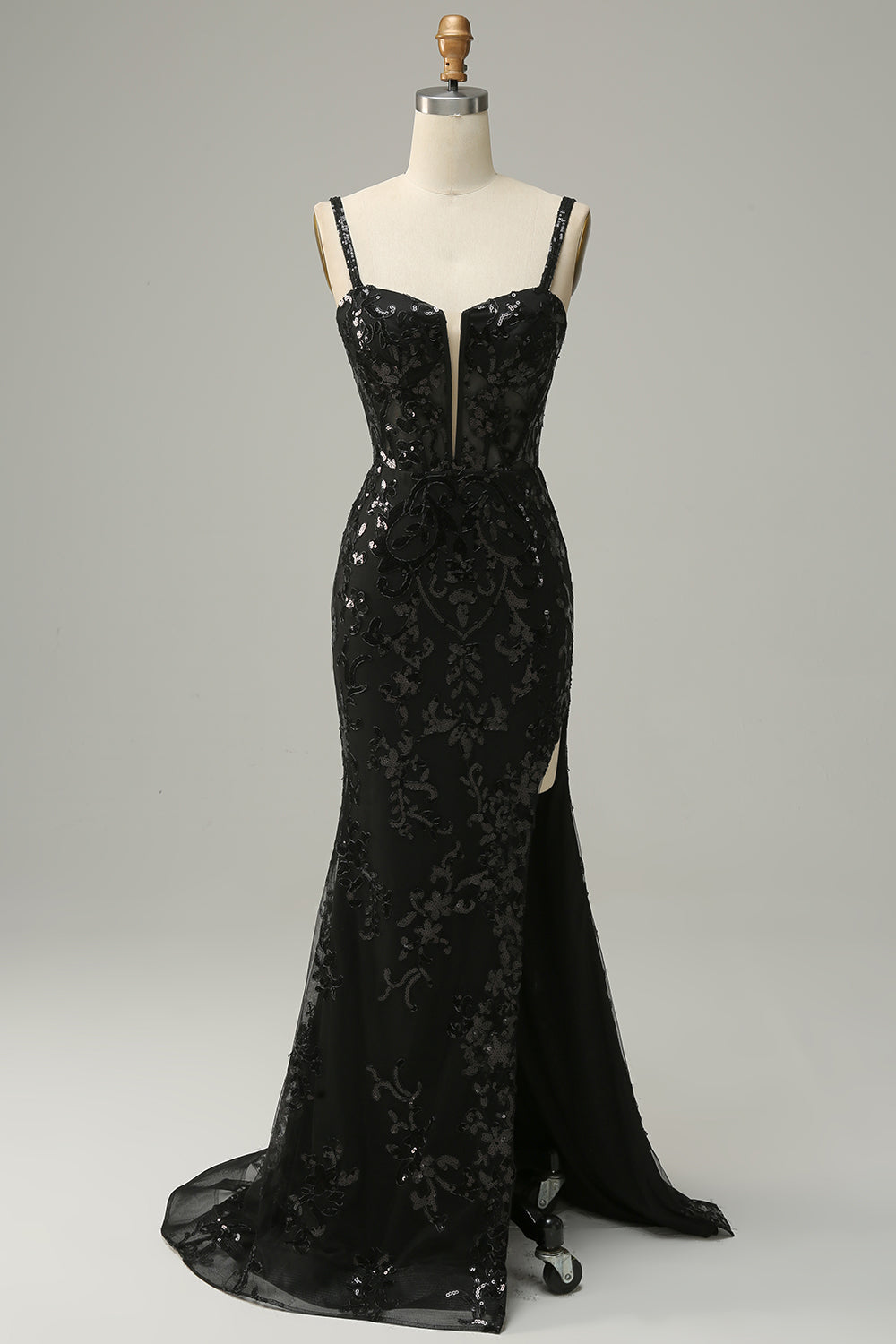 Mermaid Spaghetti Straps Black Sequins Long Ball Dress with Split Front