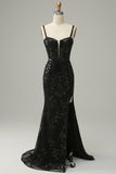 Mermaid Spaghetti Straps Black Sequins Long Ball Dress with Split Front