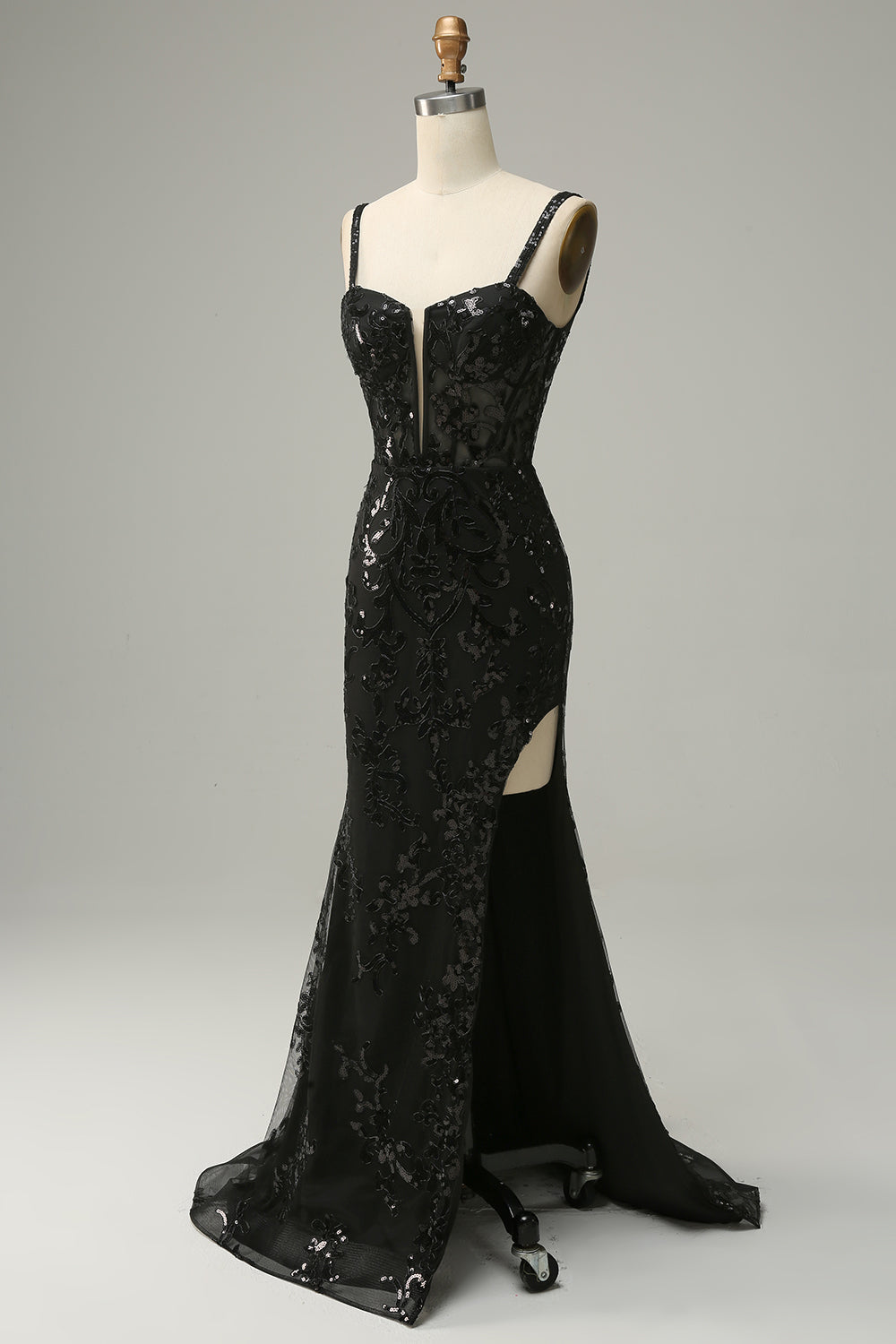 Mermaid Spaghetti Straps Black Sequins Long Ball Dress with Split Front