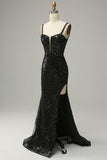 Mermaid Spaghetti Straps Black Sequins Long Ball Dress with Split Front