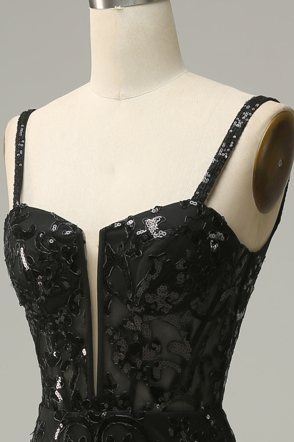 Mermaid Spaghetti Straps Black Sequins Long Ball Dress with Split Front