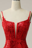Sheath Spaghetti Straps Red Long Ball Dress with Split Front