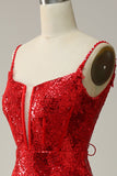 Sheath Spaghetti Straps Red Long Ball Dress with Split Front