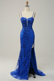 Mermaid Spaghetti Straps Royal Blue Sequins Long Ball Dress with Split Front