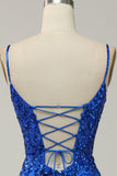 Mermaid Spaghetti Straps Royal Blue Sequins Long Ball Dress with Split Front