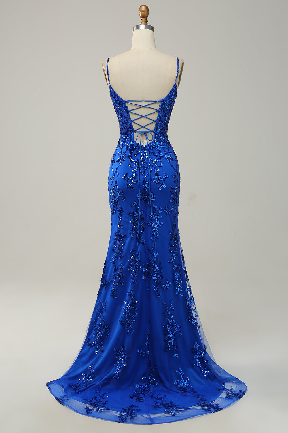 Mermaid Spaghetti Straps Royal Blue Sequins Long Ball Dress with Split Front