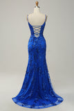 Mermaid Spaghetti Straps Royal Blue Sequins Long Ball Dress with Split Front