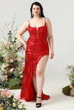 Mermaid Spaghetti Straps Red Sequins Plus Size Ball Dress with Split Front