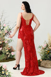 Mermaid Spaghetti Straps Red Sequins Plus Size Ball Dress with Split Front
