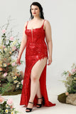 Mermaid Spaghetti Straps Red Sequins Plus Size Ball Dress with Split Front