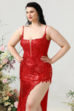 Mermaid Spaghetti Straps Red Sequins Plus Size Ball Dress with Split Front