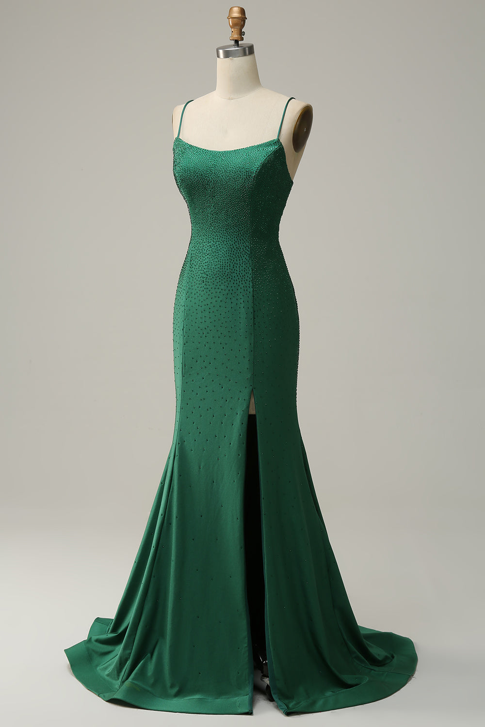Mermaid Spaghetti Straps Dark Green Long Ball Dress with Beading